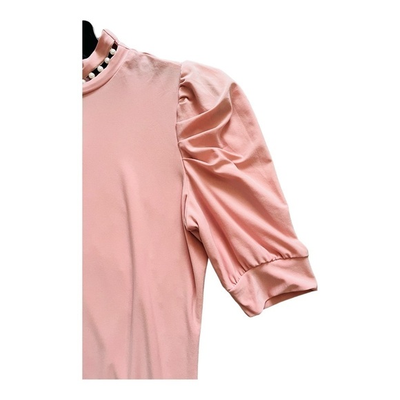 AUW pastel pink top S short ruched sleeves turtleneck faux pearl detail buttons - Picture 9 of 12